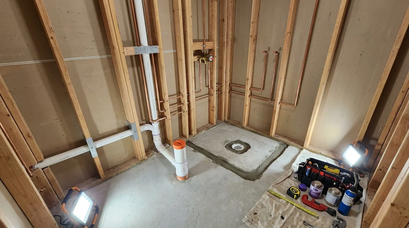 Bathroom rough-in plumbing during remodel by Johns Plumbing LLC in Gardiner