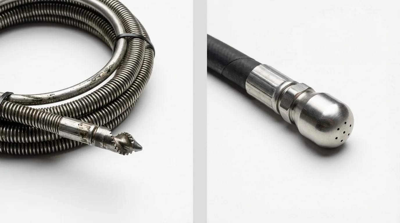 Drain snake cable and hydro jetting nozzle used for drain cleaning in Gardiner, ME