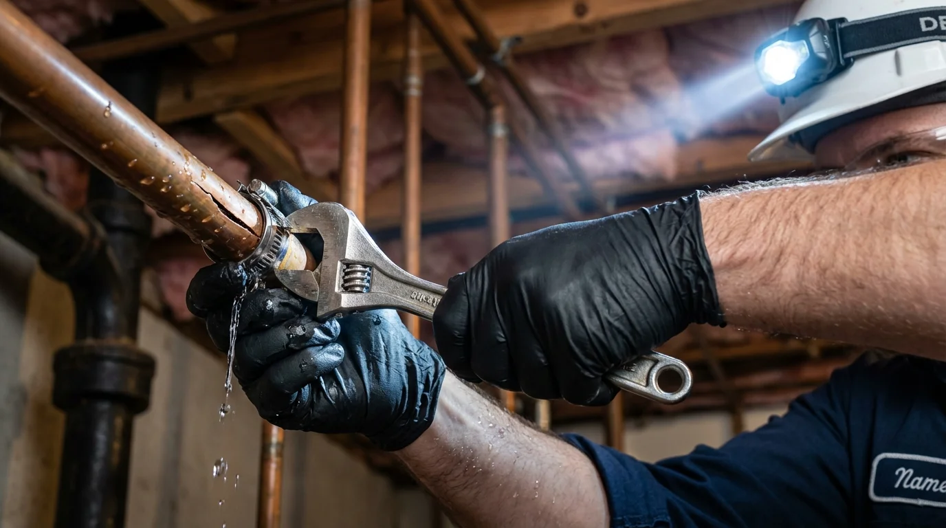 Emergency pipe clamp repair being performed by a Johns Plumbing LLC plumber in Gardiner