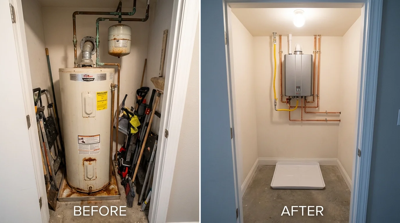 Tank water heater versus wall-mounted tankless unit comparison for Gardiner, ME homeowners
