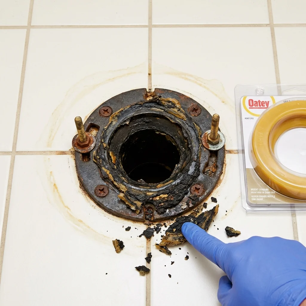 Failed wax ring showing water seepage at the base of a toilet in a Gardiner, ME home