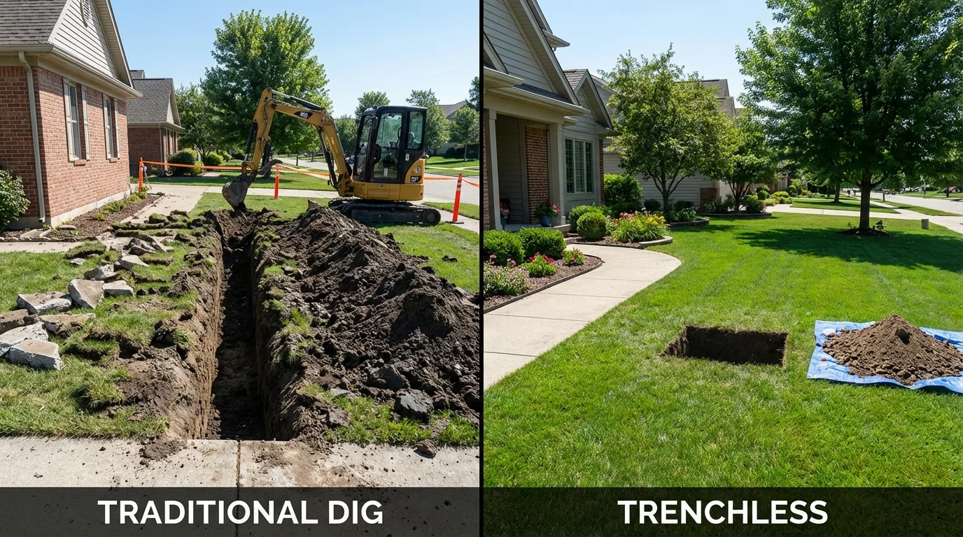 Trenchless sewer repair with minimal yard damage versus traditional excavation in Gardiner, ME