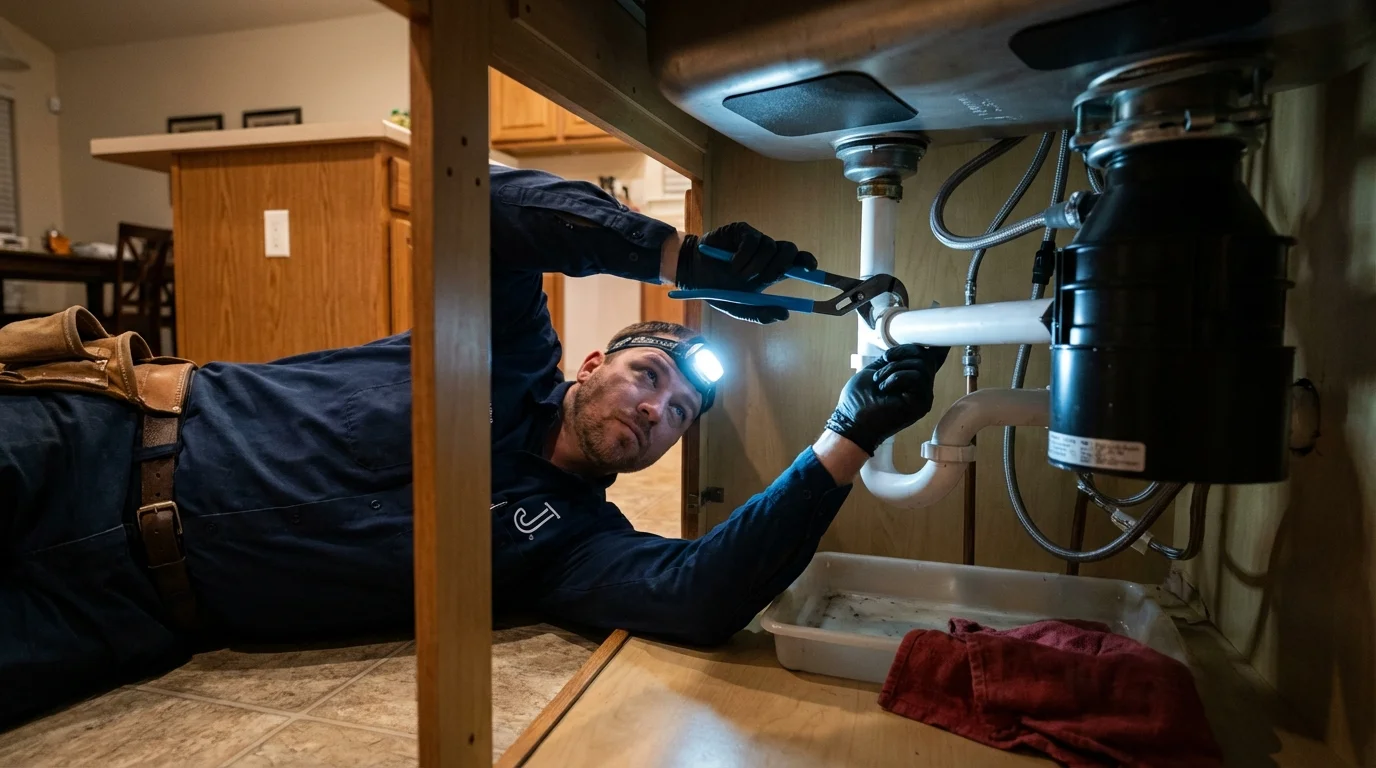 P-trap and supply line connections under a kitchen sink showing a common leak point in Gardiner, ME